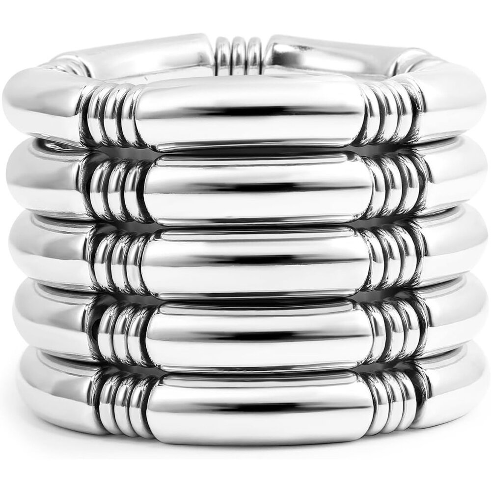 Women Silver Tube Stackable Bamboo Chunky Acrylic Beads Stretch Bracelet Jewelry